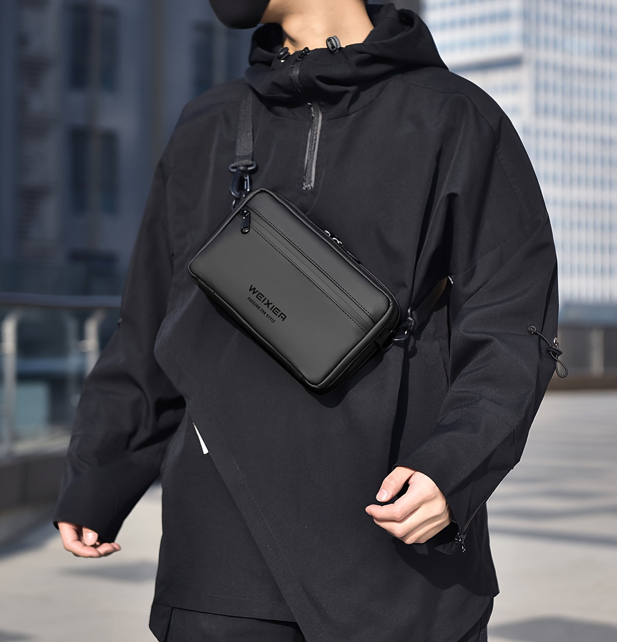 WEIXIER Men's Casual Nylon Handbag - Large Capacity with Adjustable Wrist Strap, Sleek Black for Daily Use, Valentine's Day Gift for Him, Outdoor Bag   Casual Style   Nylon Material
