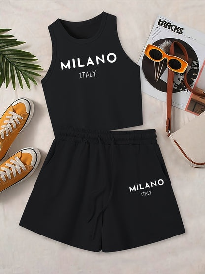 Casual Women's Two-Piece Vest and Shorts Set with Drawstring