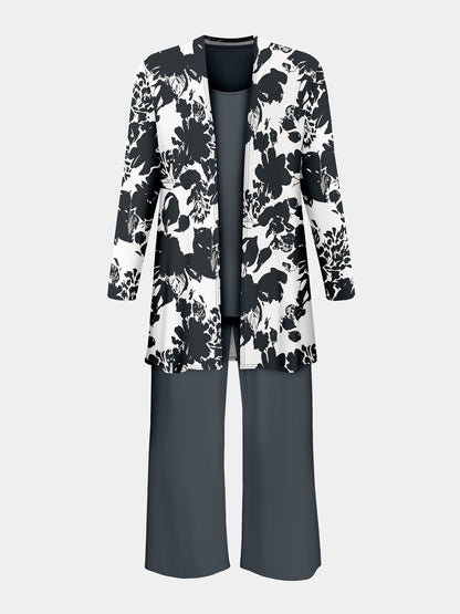 Plus Size, A three-piece set of elegant and unique female plus-size floral printed top and solid-colored vest and trousers