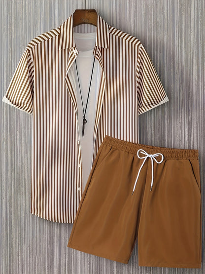 Men's Summer Printed Button-Up Shirt & Shorts Set