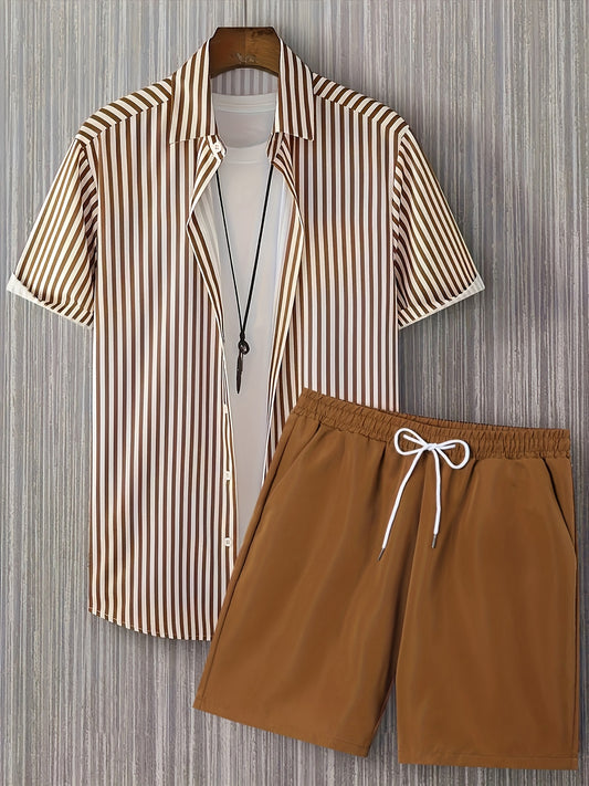 Men's Summer Printed Button-Up Shirt & Shorts Set