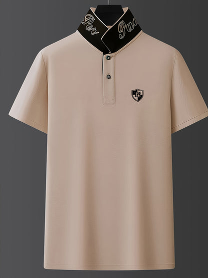 Men'S Fashion Short-Sleeve POLO Shirt | Contrast Rib-Knit Collar with 3D High-Frequency Print | Casual Style, Regular Fit, Summer Season - ayq