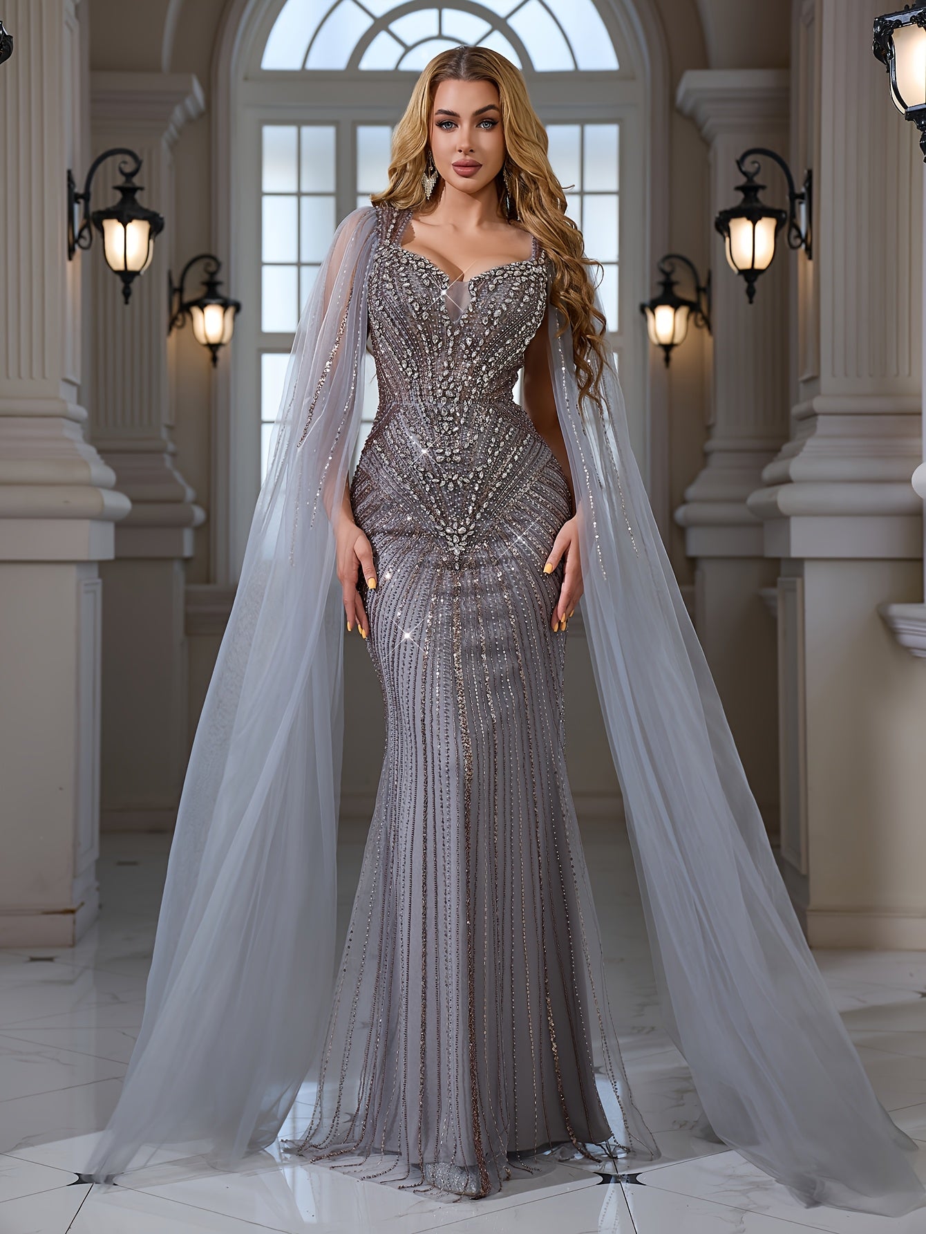 Elegant Beaded Lace Mesh Bodycon Mermaid Evening Dress