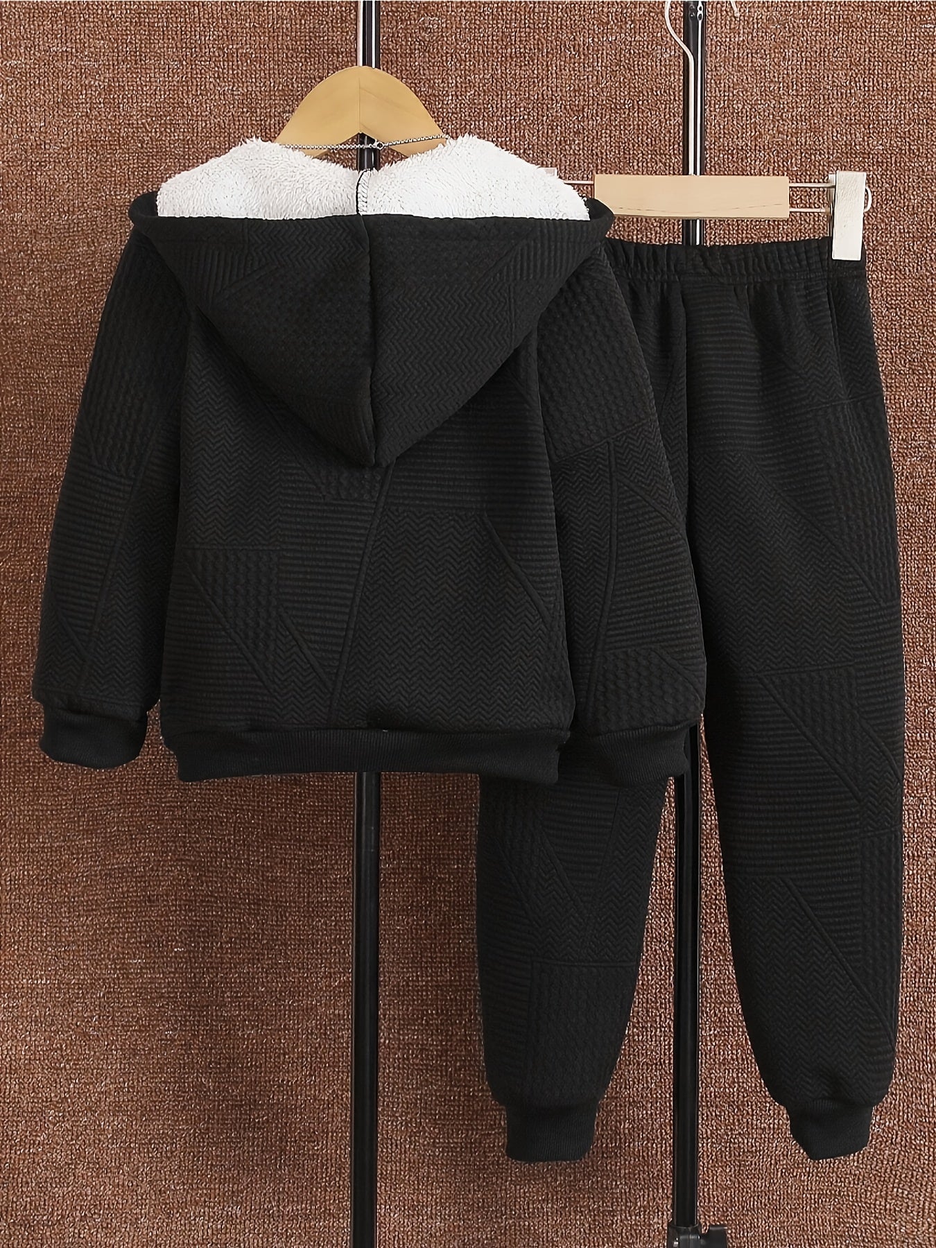 2pcs Boys' Casual Outfit Set, Long Sleeve Hooded Jacket with Embroidery and Zipper, Geometric Pattern Knit Pants, Polyester with Spandex Lining, Regular Fit for Autumn/Winter, for Outdoor