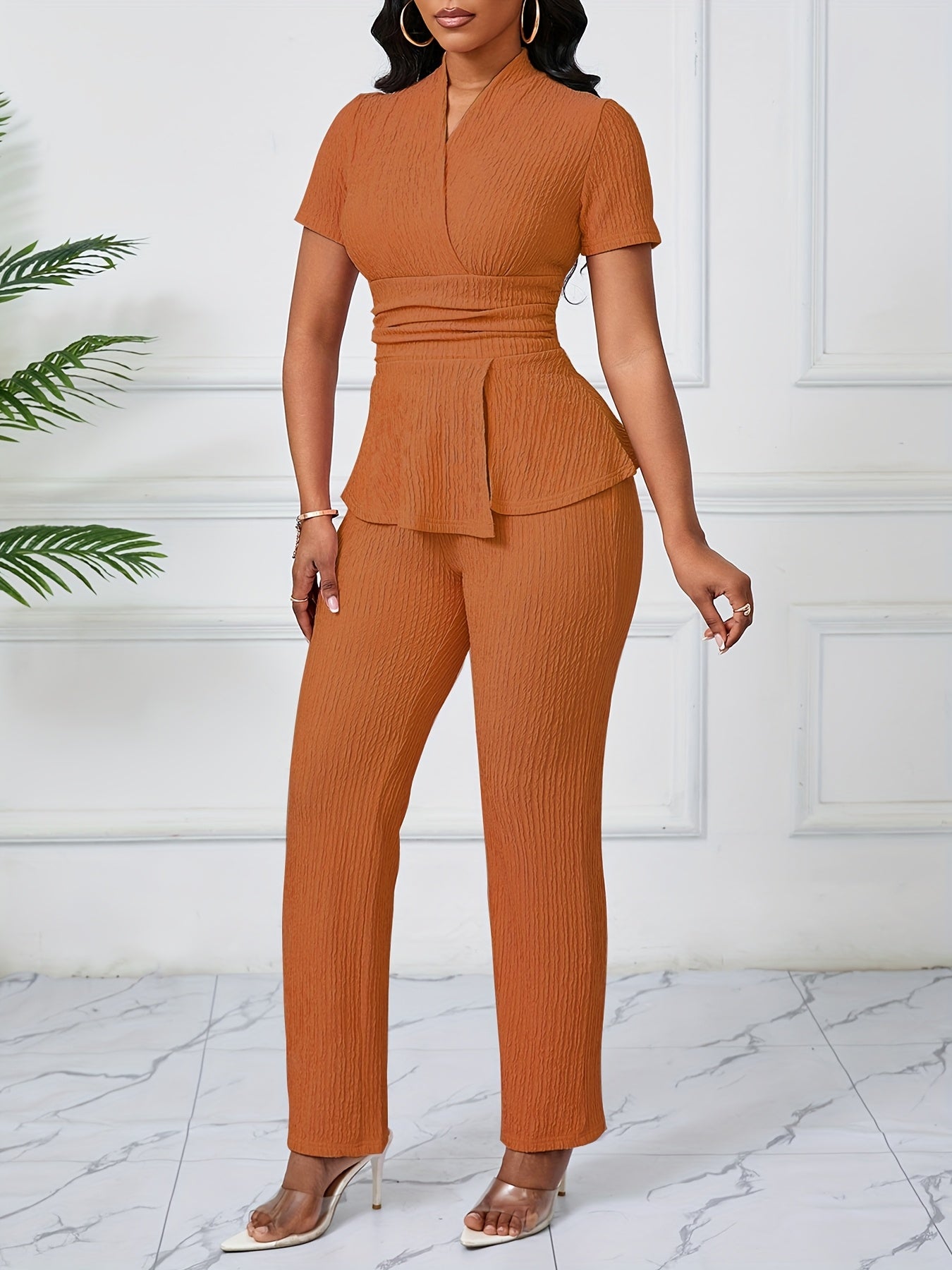 Women'S Elegant Casual Solid Color Textured Jumpsuit - Stylish Short Sleeve Top & Wide-Leg Pants, Perfect for All Seasons, Casual Attire|Textured Jumpsuit|Casual Style