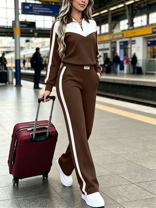 Women's Casual Two-Piece Set with White-Trim Lapel Collar and Wide-Leg - ayq