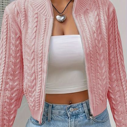 Women's Elegant Zip-Up Cable Cardigan with Stand Collar - Machine Washable Spring/Fall Jacket, White Solid Color, Braided Design & Zipper Front for Casual or Dressy Outfits, Cardigan Sweater, Autumn Layering Piece, Spring Out