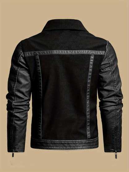 Men's Vintage PU Leather Biker Jacket with High Collar