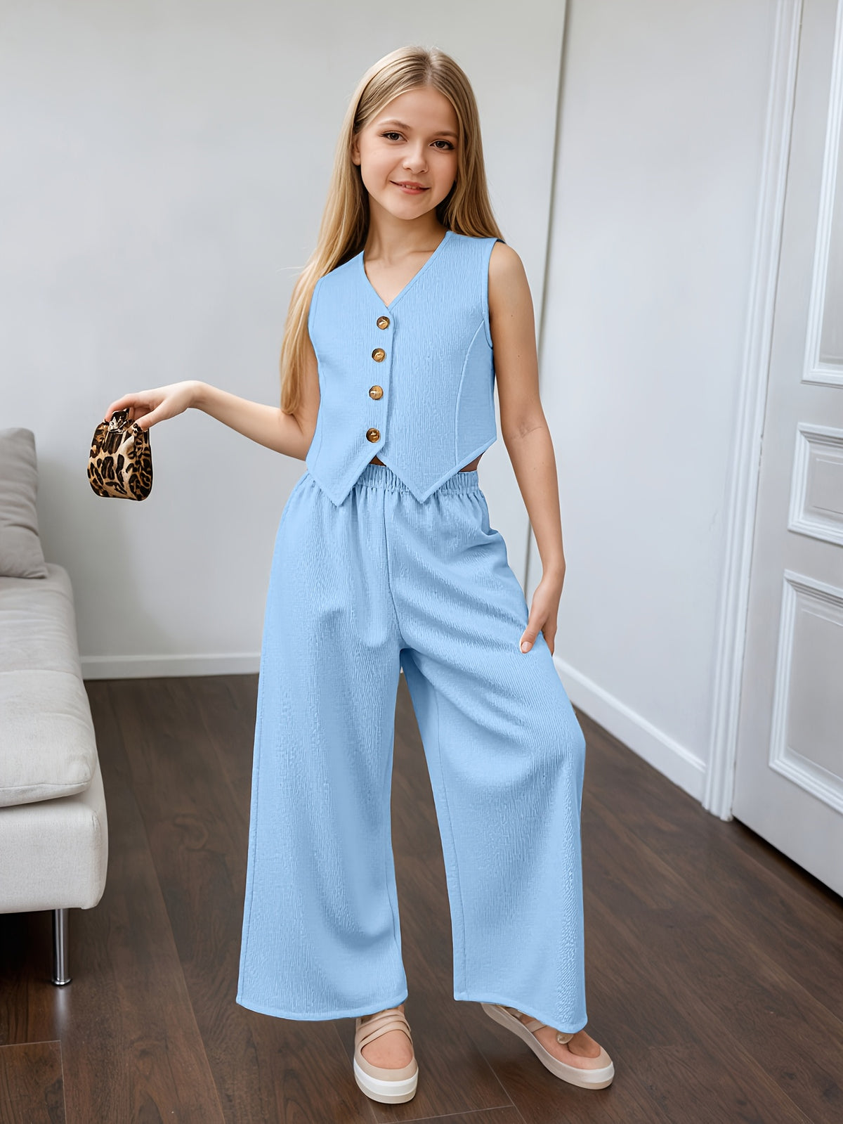 Girls' Summer Casual Set: Vest and Wide-Leg Pants Outfit