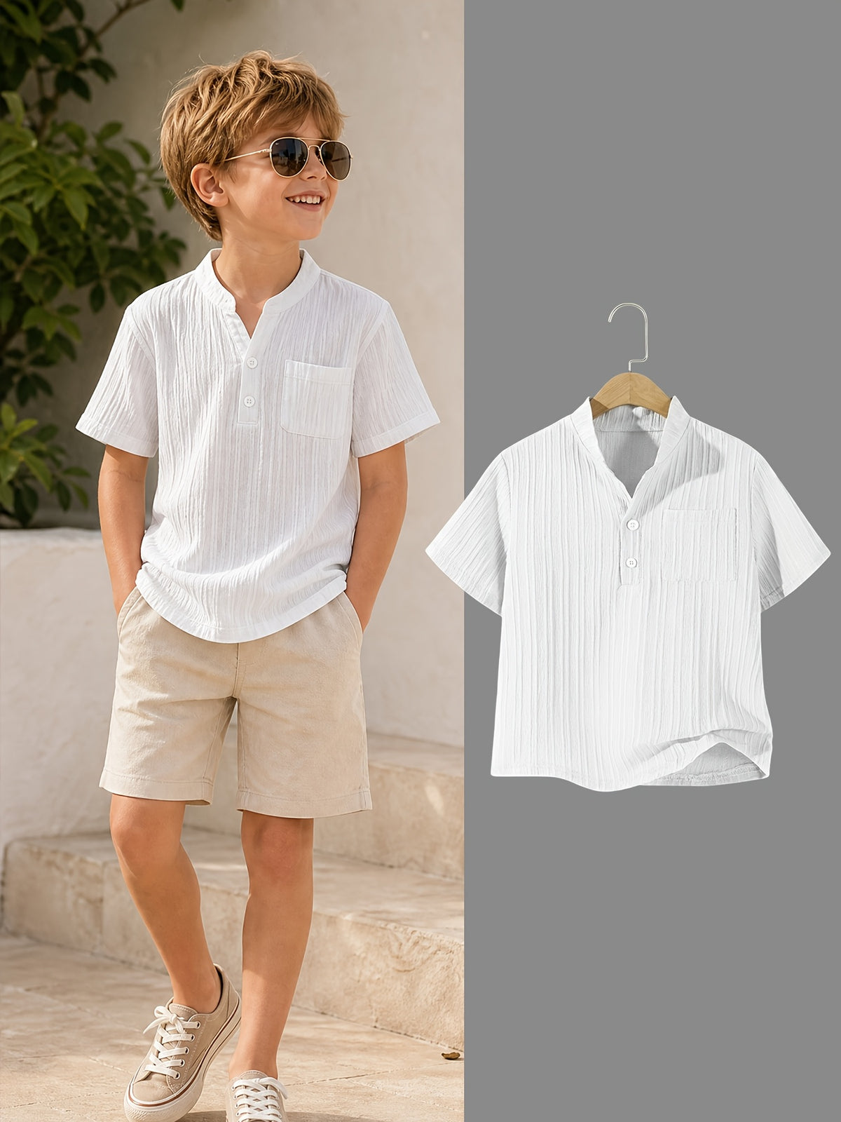 Boys' Casual Button-Up Short Sleeve Shirt with Cardigan Collar - ayq