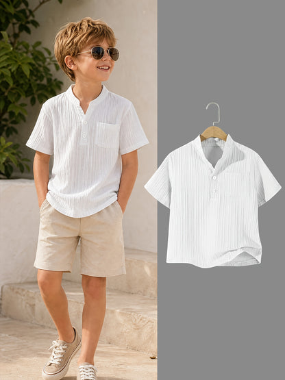 Boys' Casual Button-Up Short Sleeve Shirt with Cardigan Collar - ayq