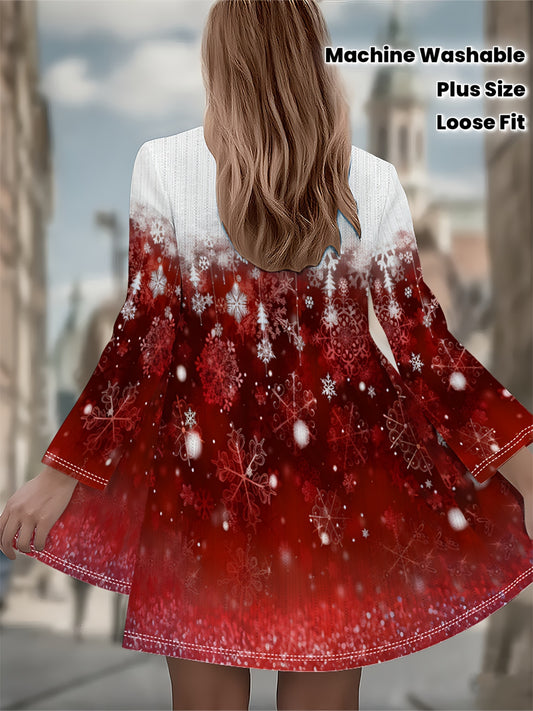 Plus Size Women's Winter Cardigan Coat - Burgundy Red & White Snowflake Print Deep Jacket, Loose-Fit Collar Sweater Coat for Christmas, New Year's Eve Parties & Cold Weather (Machine Washable)