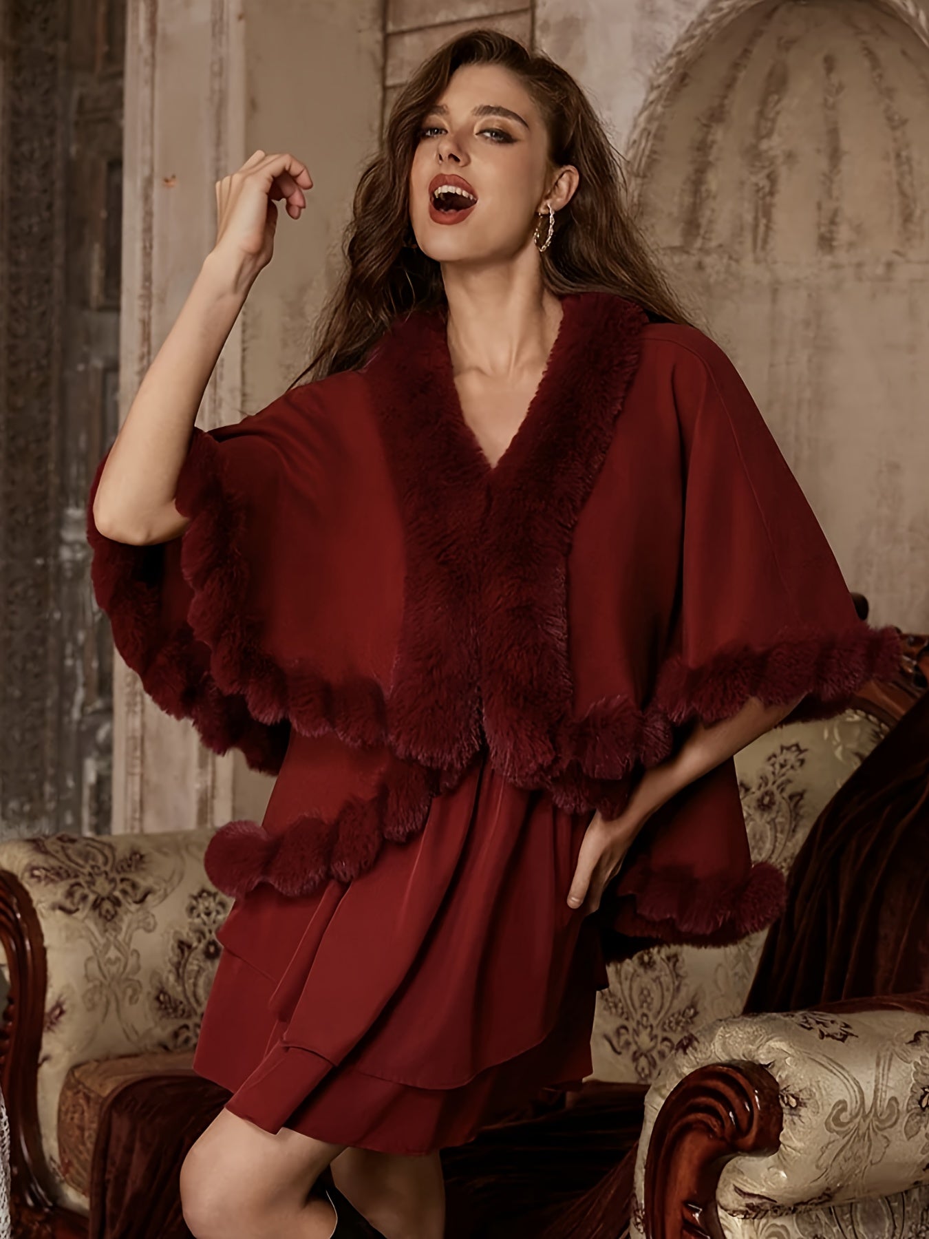 Plus Size - Plus Size - Plus Size - Plus Size, Women'S Elegant Red Faux Fur Coat - Winter Warmth, Non-Stretchy Formal & Everyday Outerwear with Contrast Collar, Plus Size Friendly