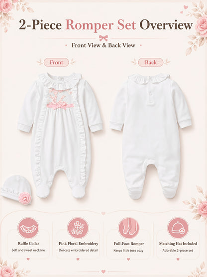 Baby Girl Cotton Romper Set with Ruffle Trim and Hat 0-12m