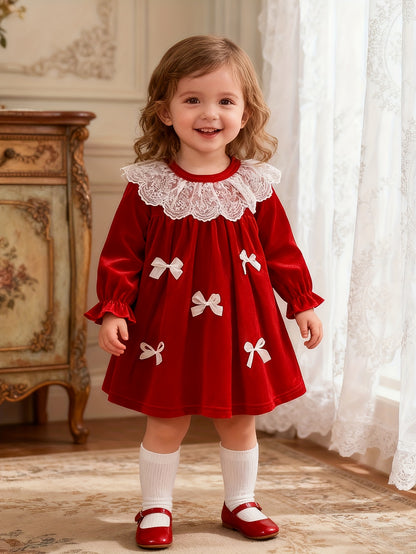 1pc Baby Girl's Red Lace Dress with Ruffled Collar & Bow Back - Long Sleeve Winter Party Dress for Christmas, New Year, Weddings - Soft Warm Outfit (Short Leg Opening, Machine Washable Clothing)