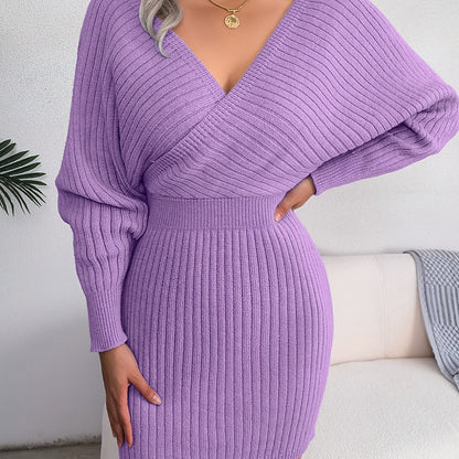 Sexy Cross V Neck Bodycon Sweater Dress, Batwing Sleeve Solid Criss Cross Neck Cross Sexy Dresses, Women'S Clothing