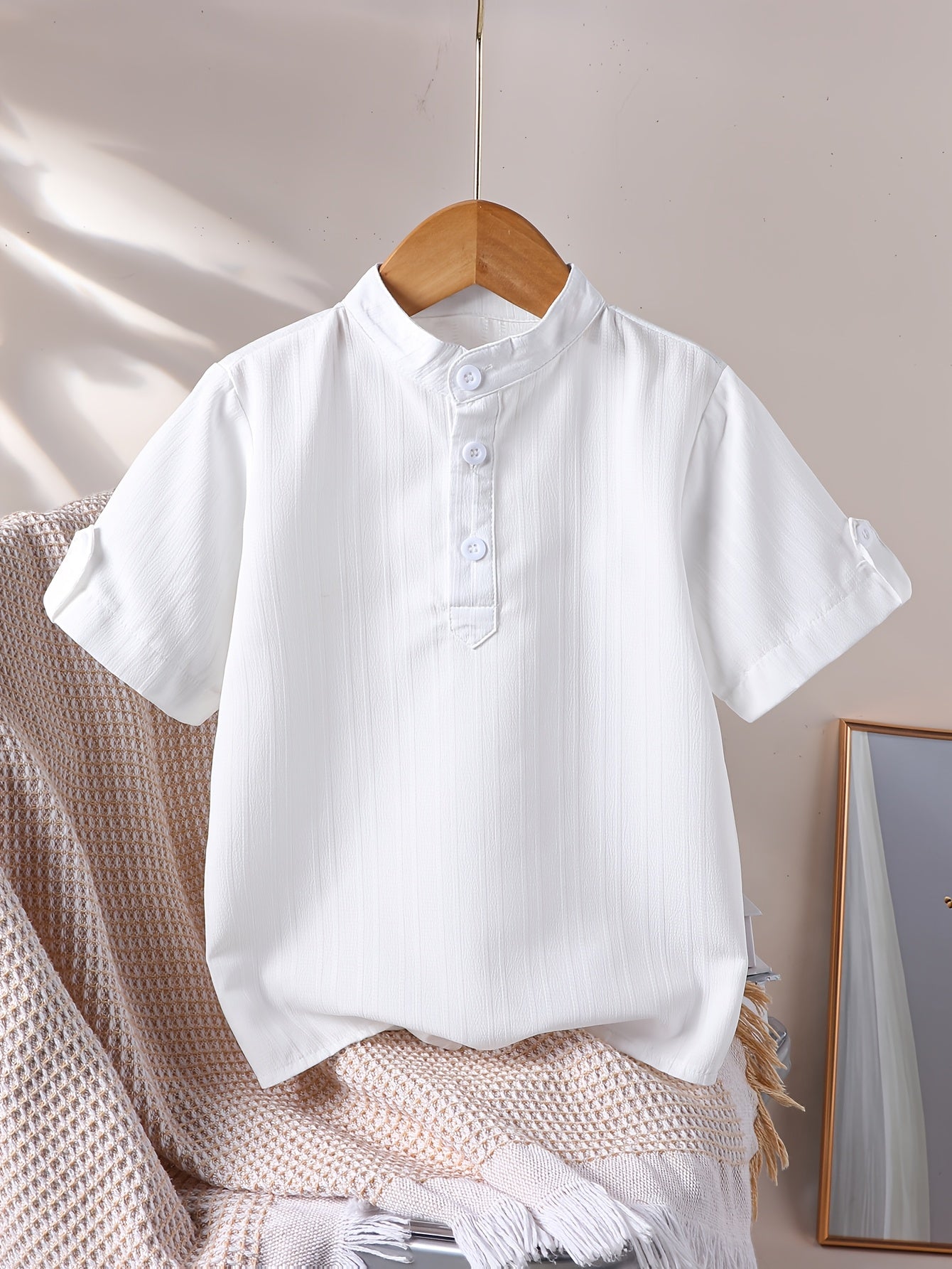Boys' Casual Stand Collar Short Sleeve Shirt for Spring-Fall