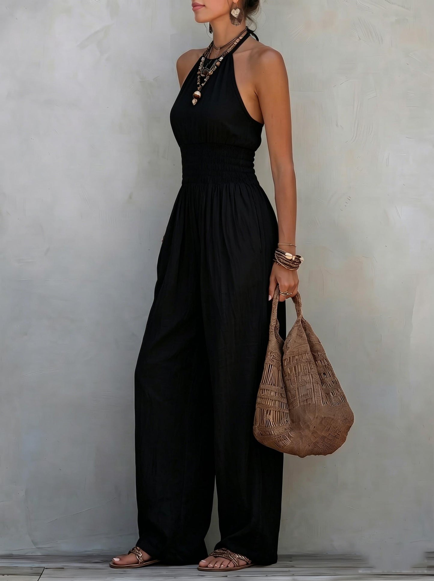 Women's Bohemian Sleeveless Jumpsuit with Wide-Leg Pants and Pockets