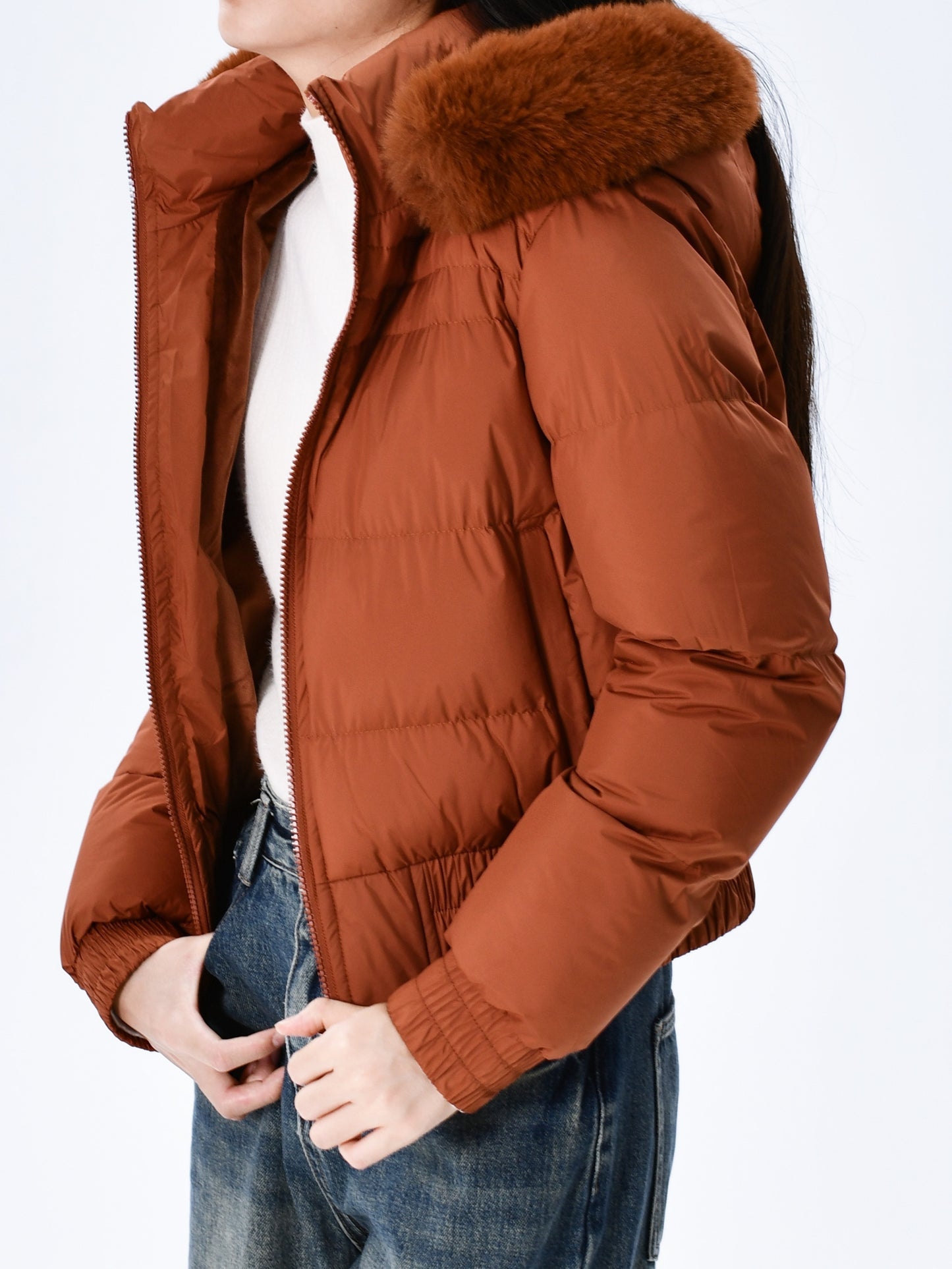 Elegant Polyester Padded Jacket for Women - 2024 Fashion Short Solid Color Coat with Thick Faux Fur Collar, Long Sleeves, Zipper Detail, Woven - Winter Warmth Casual Outerwear