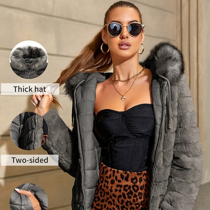 Women'S Heavyweight Winter Coat - Dual-Sided Reversible Jacket with Full-Zip Front, Hooded Collar, Two-Way Zipper Closure - Warm Outerwear for Cold Weather, Office, Travel - Elegant Brown Coat (Size & Wash Label in Pocket), L