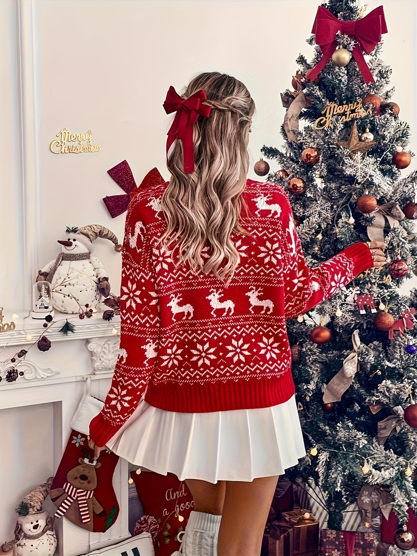 Women'S Christmas Sweater - Red & Holiday Party Top, V-Neck Long Sleeve Blouse for Christmas, New Year'S Eve, Office