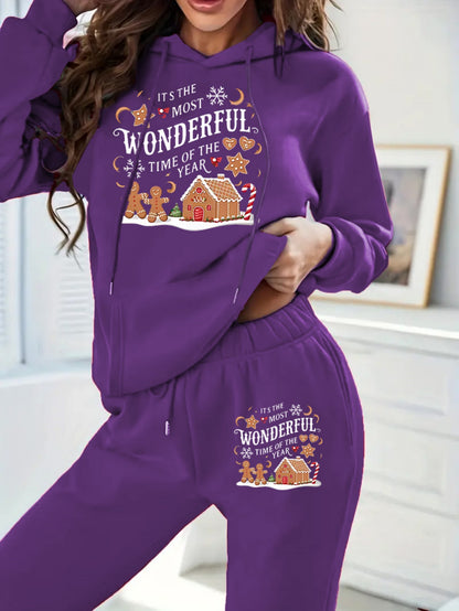 Women'S Cozy Fleece Hoodie & Sweatpants Set - "It'S the Most Wonderful Time of the Year" with Gingerbread House & Christmas Tree Design, Warm Long Sleeve Pullover with Drawstring Waist, Perfect for Fall/Winter, Christmas Paja