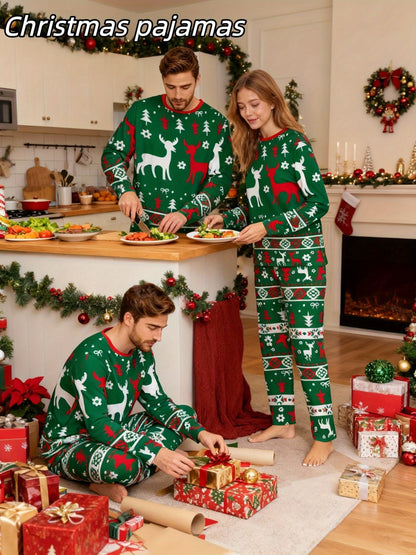 [MEN/WOMEN] Couple Style Christmas Pajamas Loungewear, New Year Gift Christmas Reindeer Print Top with Striped Pants, Long Sleeve Long Pants Pajama Set for Men or Women, Holiday Loungewear Set