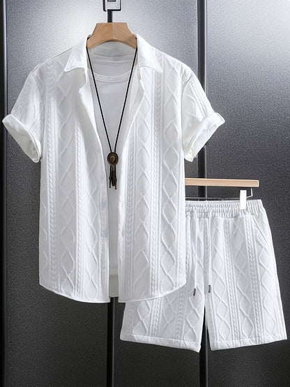 Men's Set Shirt Short Sleeve Shorts Thick Solid Color Knit Jacquard Casual Comfort High-Quality Two-Piece Set