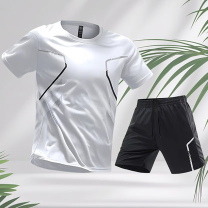 2pcs Men's Running Sportswear Set Summer Ice Sliky Fiber Fabric Quick-Dry Sweat-Absorbent Fitness Casual Short Sleeve Shorts Outfit