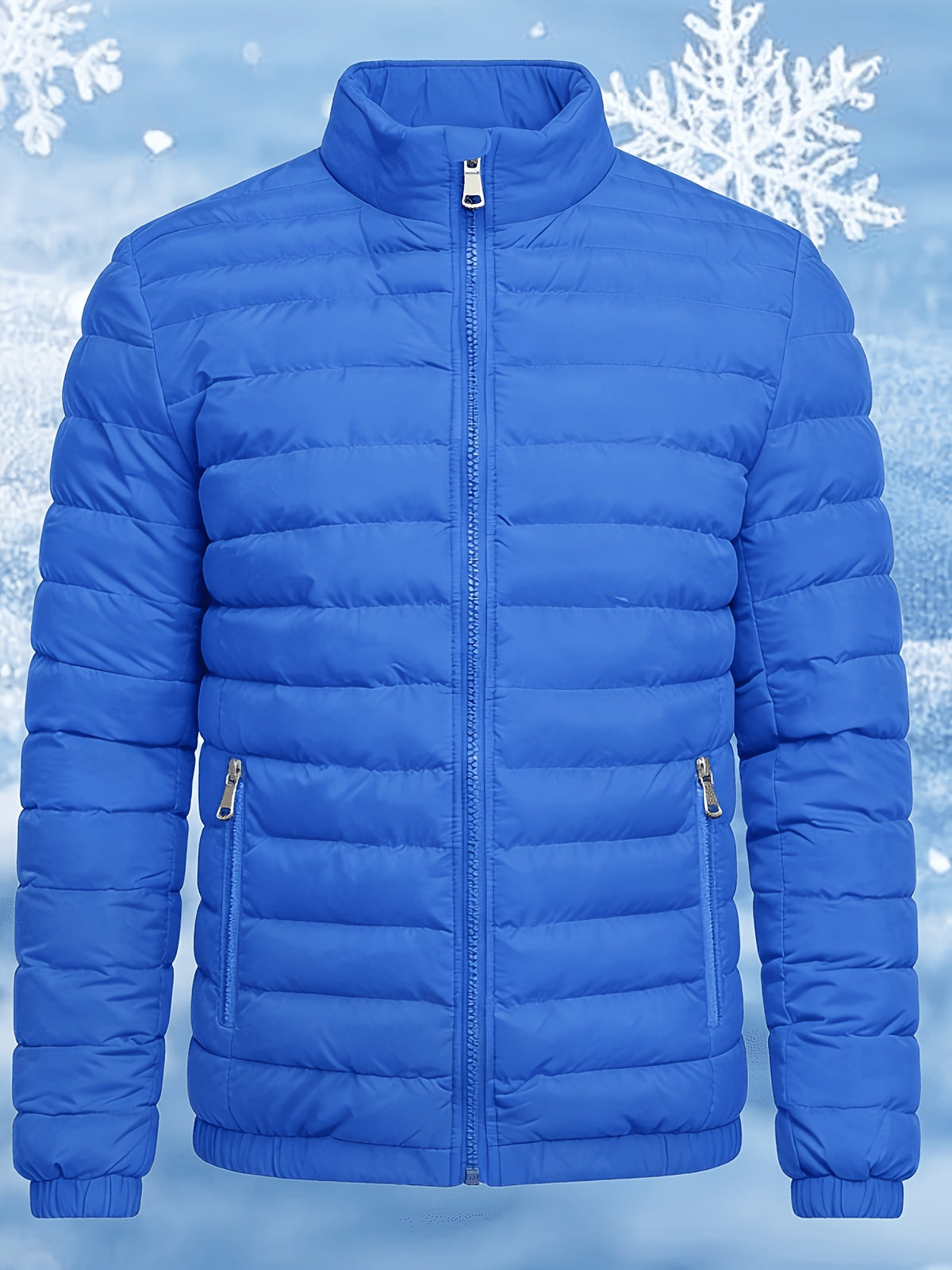 Men's Stand Collar Winter Jacket with Zipper and Fiber Filling