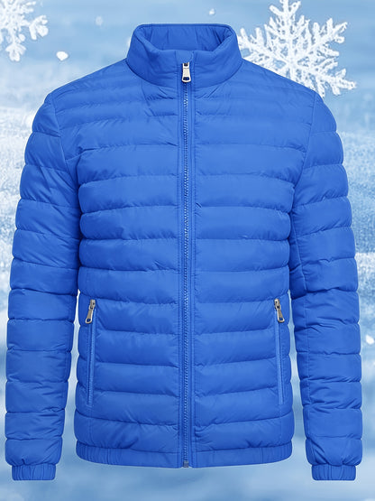 Men's Stand Collar Winter Jacket with Zipper and Fiber Filling