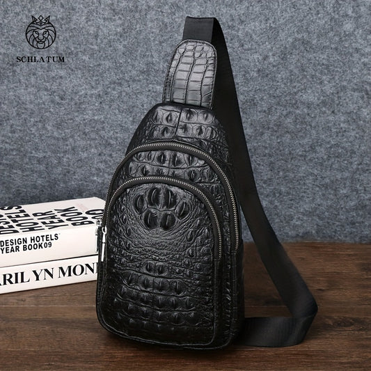 SCHLATUM Genuine Leather Crocodile Pattern Sling Bag - Black, Large-Capacity Multifunctional Crossbody Backpack for Travel, Sports  Camping, Stylish Zipper Closure Design