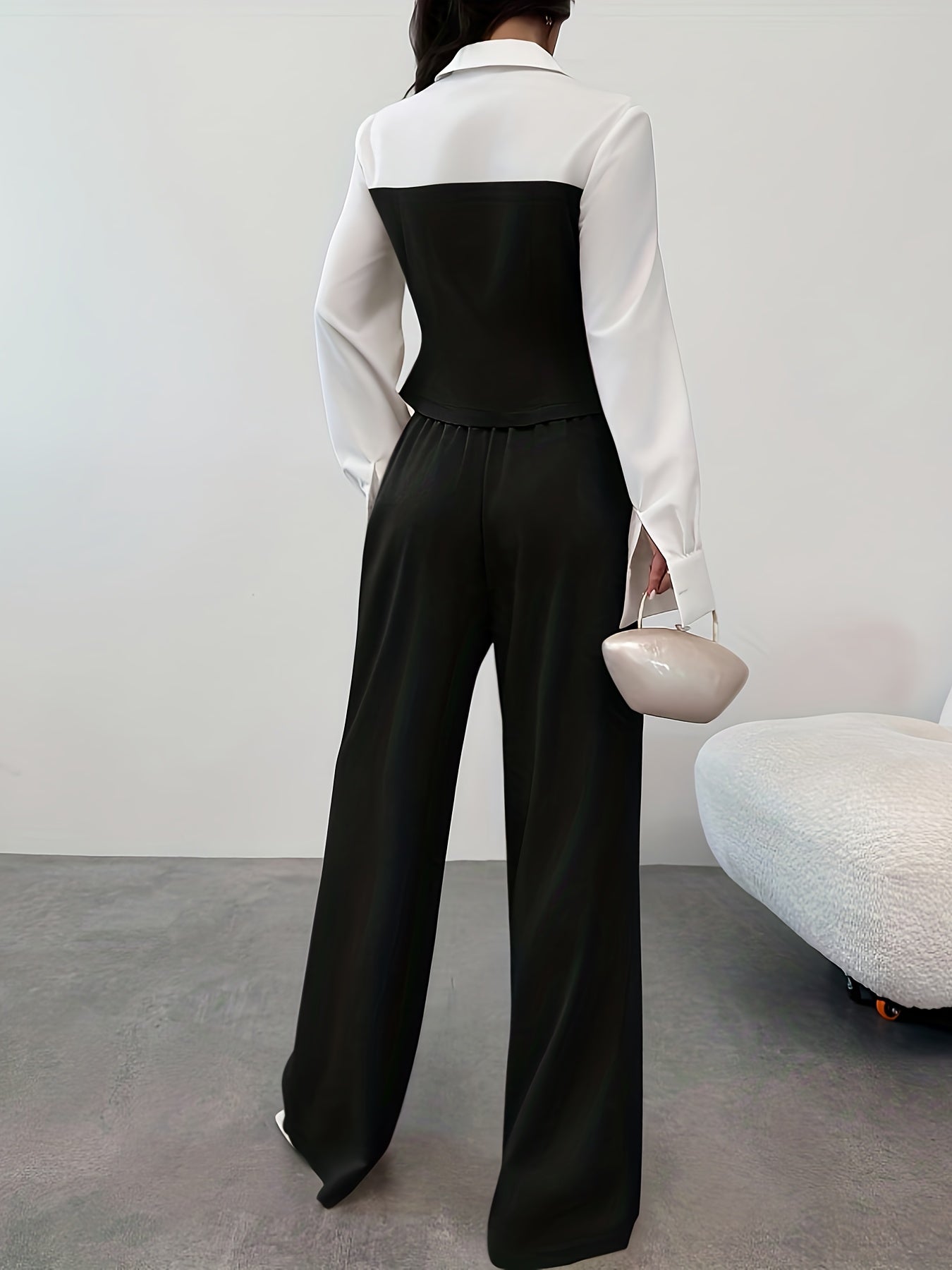 A Casual And Elegant Two-Piece Set, Featuring a Patchwork Shirt And Loose Straight-Leg Pants. Autumn Women'S Wear, Suitable for Commuting, Teaching, Back-To, Old Money Style, And Women'S Casual Office Attire