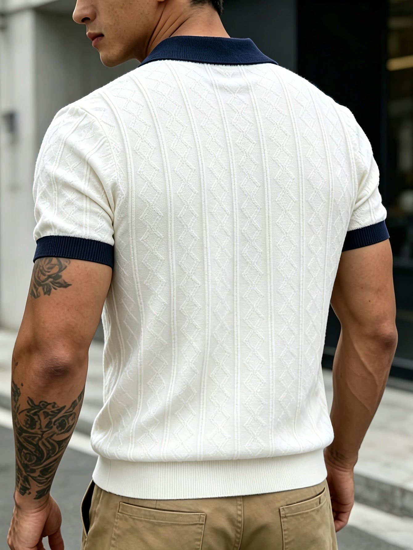 Men's Jacquard Knit Short Sleeve Polo with Contrast Collar