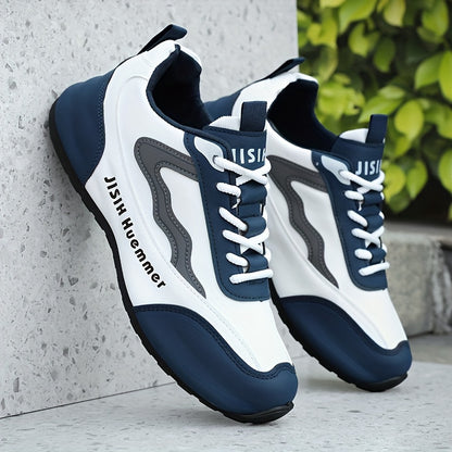 Men's Breathable Color-Block Low-Top Running Shoes - White  Navy Blue Contrast Design, Durable PU Upper  PVC Sole, All-Season Non-Slip Traction for Gym, Jogging, Casual Wear, Jogging Footwear   Sporty Look   Fabric Lined In