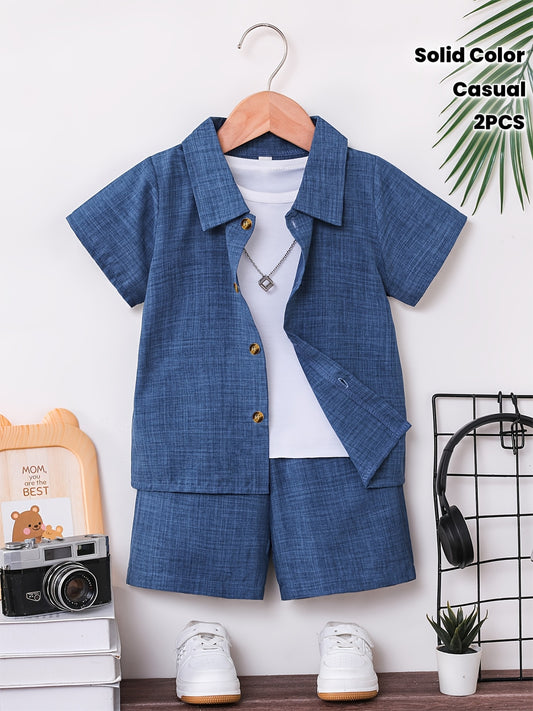 Boys' Summer Button-Up Shirt & Shorts Set - Casual Solid Color
