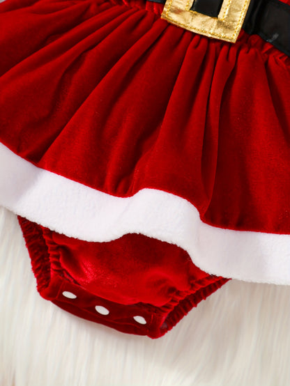 2pcs Golden Velvet Flutter Sleeve Lace Belt Decorated Long Sleeve Bodysuit with Fluffy Skirt + Bow Headscarf Set Autumn and Winter Christmas Cute Party Outfit, for Outdoor