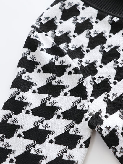 Temujin OBM Men's Fashion New Houndstooth Jacquard Knit Long Sleeve Pullover Sweater