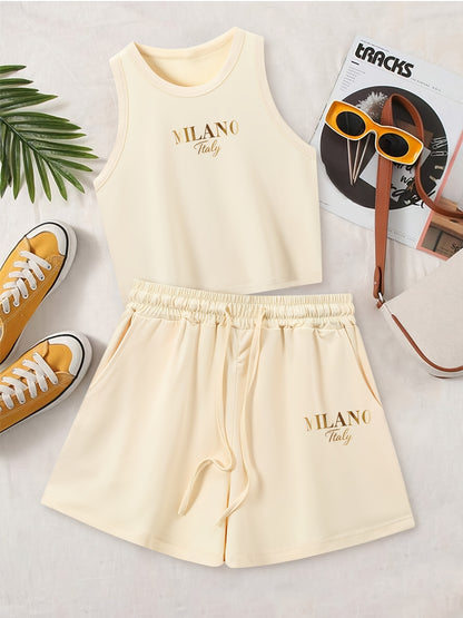 Casual Women's Two-Piece Suit with Graphic Print Vest & Shorts