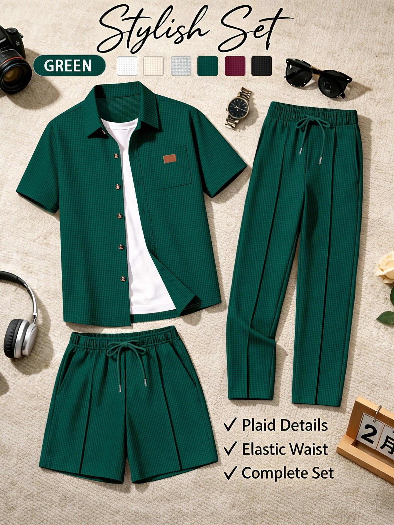 Men's Casual 3-Piece Set: Waffle Knit Shirt, Shorts & Pants