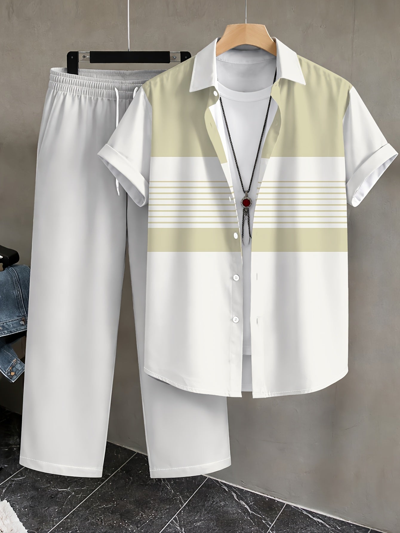 Men's Casual Color-Block Shirt and Pants Set for Summer