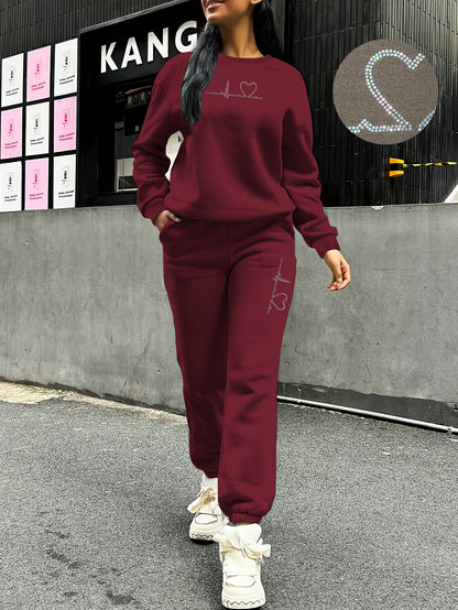Women's Fleece Sweatsuit Set with Heart Print for Fall/Winter - ayq