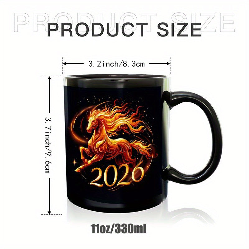 1pc 11oz Chinese New Year of the Horse 2026 Ceramic Mug - Glossy Black & Fire Horse Design Coffee Cup with Auspicious Red/ Horses, Hand Wash Only, Reusable Gift for Home, Office, Travel, Lunar New Year Celebrations
