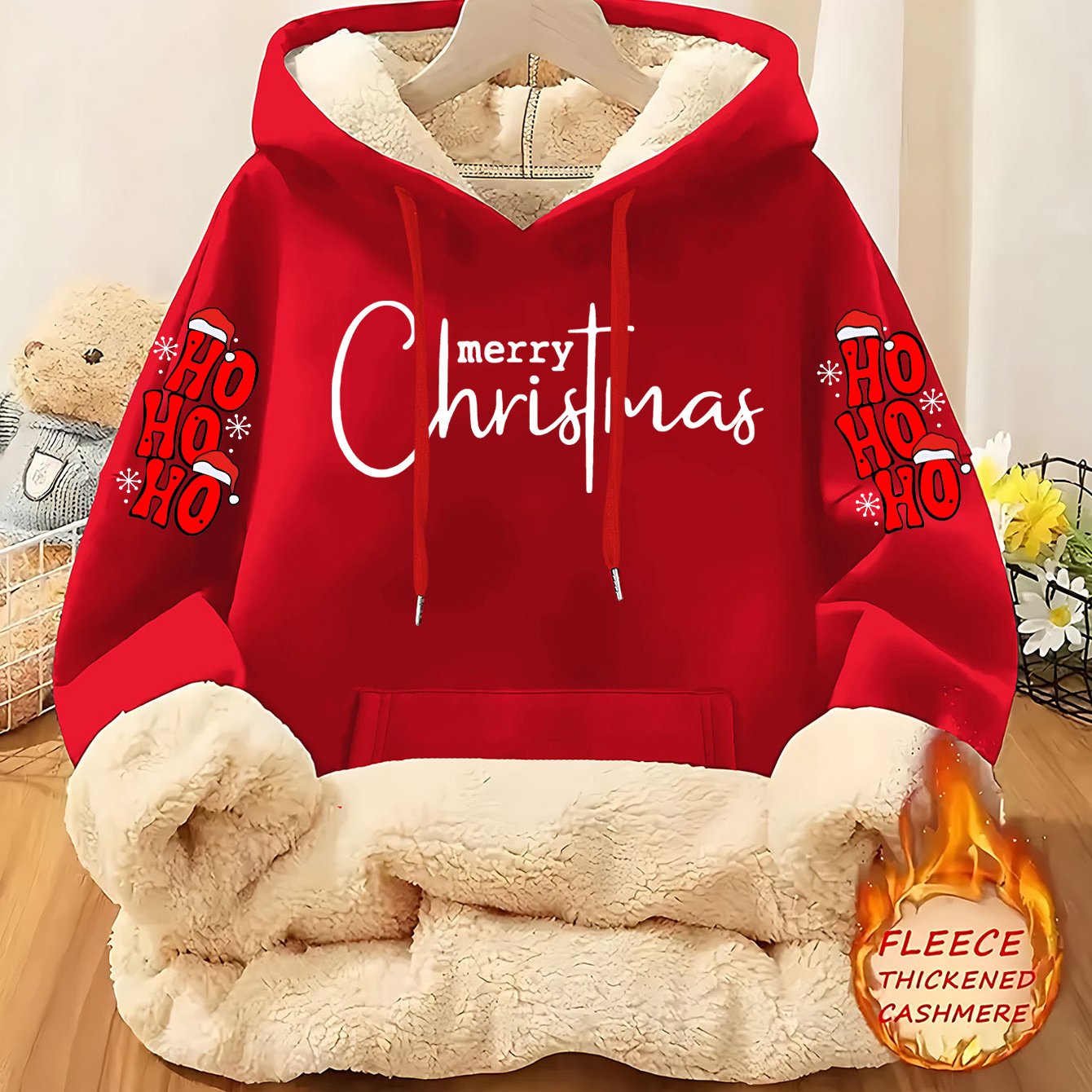 Christmas & Merry Christmas Letter Element Printed Women's Lined Hooded Sweatshirt, Thick and Warm Polyester Fabric Jacket, Suitable for Casual Composite Fabric Warm Clothing for Autumn and Winter Season