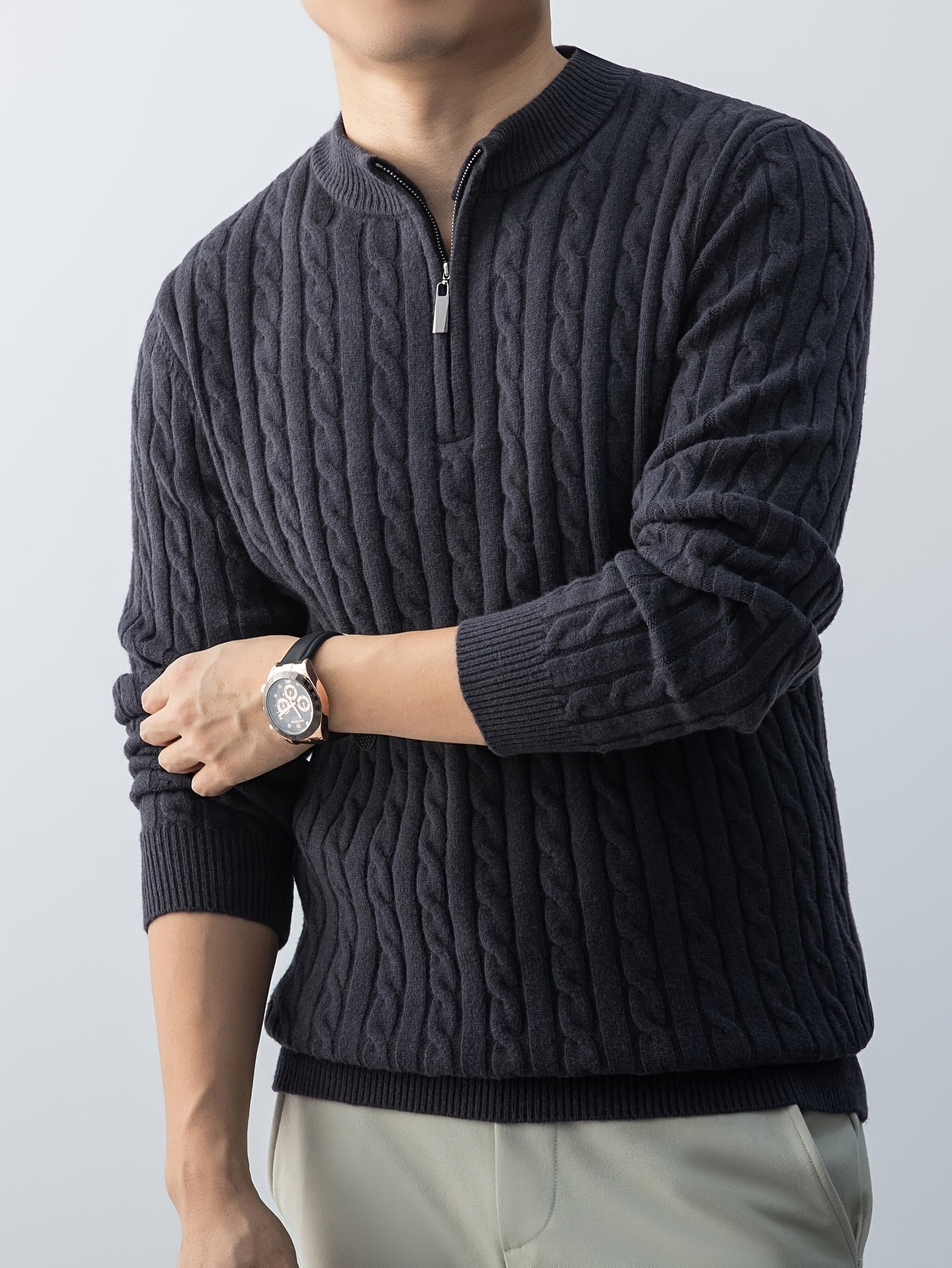 New Men'S Christmas Gift: a Thick, Warm, And Cold-Resistant Knitted Sweater with a Cable-Knit Design And a Zippered Collar, Suitable for Both Layering And Wearing Alone, Perfect for Casual And Versatile Outfits