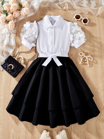 Girls' Summer Layered Skirt Set with Floral Tulle Top & Cardigan