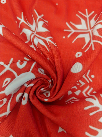 Women's Red & White Poinsettia & Deer Print A-Line Floor-Length Dress with A-Line Hem - Winter Red & White Snowflake Print with Ruffled Neckline & Belted Waist - Machine Washable Elegant Party Wedding Christmas New Year's Eve