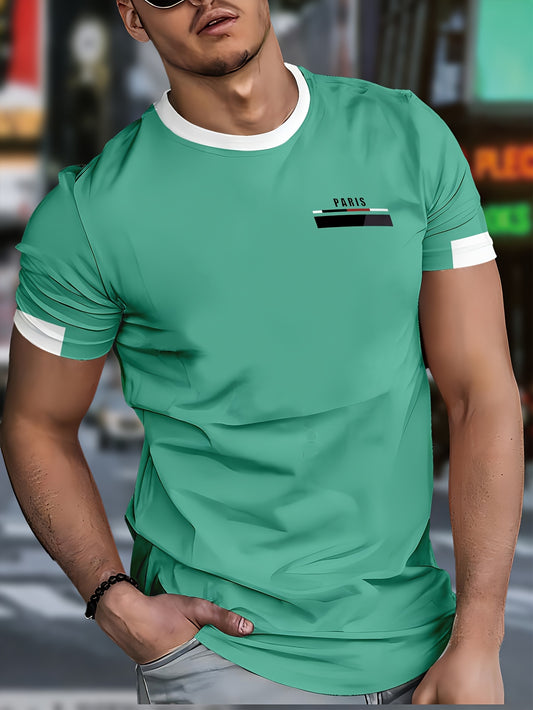 Men'S Paris Graphic T-Shirt - Green Polyester Crew Neck Tee with White Stripes  Print - Casual Sporty Knit Top for Casual Attire, Breathable Fabric