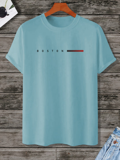 Men's Heavyweight 180gsm Cotton T-Shirt - Dark Gray Crew Neck Tee with Bold "Boston" Print, All-Season Everyday  Formal Shirt for Men - Machine Washable Luxury Casual Top, Versatile Clothing, Modern Design, Premium Fabric, S