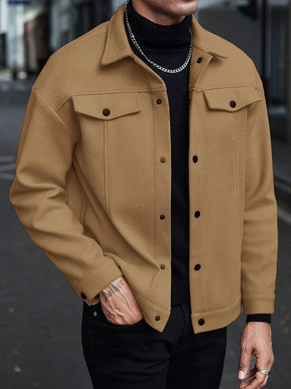 Men'S British-Inspired Workwear Jacket - Casual Short Length Loose Fit with Pockets, Solid Color, Spring/Fall Outerwear, Non-Stretch Fabric, Snap Closure, Regular Fit for Everyday & Travel, Spring Fall Clothing, Structured De